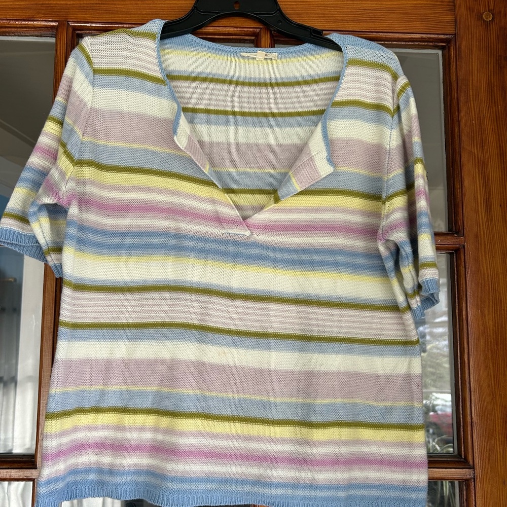 Striped V-Neck Short Sleeve Sweater